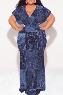 Blue Black Sexy Faux Denim Print With Belt Contrast V Neck Printed Plus Size Dresses