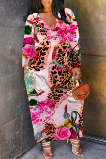 Pink Casual Leopard Print Snakeskin Print Pocket Contrast V Neck Printed Plus Size Dresses