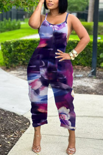 Black Purple Casual Floral Print Pocket Contrast U Neck Loose Jumpsuits