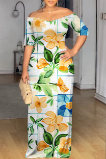 White Blue Sexy Graffiti Print Contrast V Neck Printed Dresses