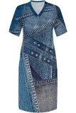 Blue Street Faux Denim Print Pocket Contrast V Neck Printed Plus Size Dresses