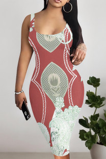 Red-brown Sexy National Totem Flowers Print Contrast U Neck Printed Dresses