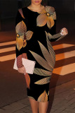 Black Elegant Geometric Print Contrast O Neck Printed Dresses