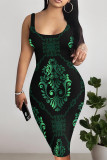 Black Green Casual Geometric Print Floral Print Contrast U Neck Printed Dresses