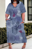 Blue Street Faux Denim Print Pocket Contrast V Neck Printed Plus Size Dresses