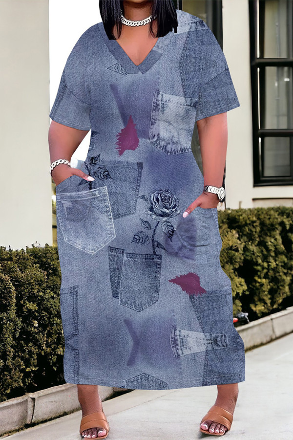 Blue Purple Street Faux Denim Print Pocket Contrast V Neck Printed Plus Size Dresses