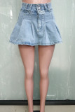 Blue Sexy Solid Color Buttons Ruched Boot Cut Denim Skirts