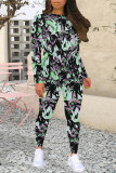 Black Purple Casual Floral Print Contrast O Neck Long Sleeve Two Pieces