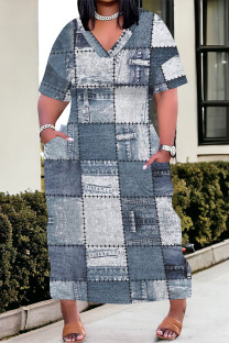 Light Blue Street Faux Denim Print Pocket Contrast V Neck Printed Plus Size Dresses