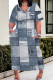 Light Blue Street Faux Denim Print Pocket Contrast V Neck Printed Plus Size Dresses