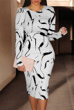 Blue Casual Geometric Print Contrast O Neck Printed Dresses