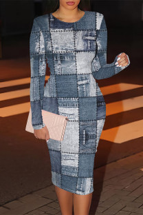 Light Blue Casual Faux Denim Print Contrast O Neck Printed Dresses