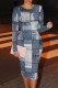 Light Blue Casual Faux Denim Print Contrast O Neck Printed Dresses