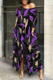 Fuchsia Casual Floral Print Pocket Irregular O Neck Irregular Dresses
