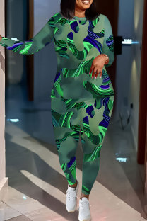 Turquoise Casual Geometric Print Gradient Contrast O Neck Long Sleeve Two Pieces