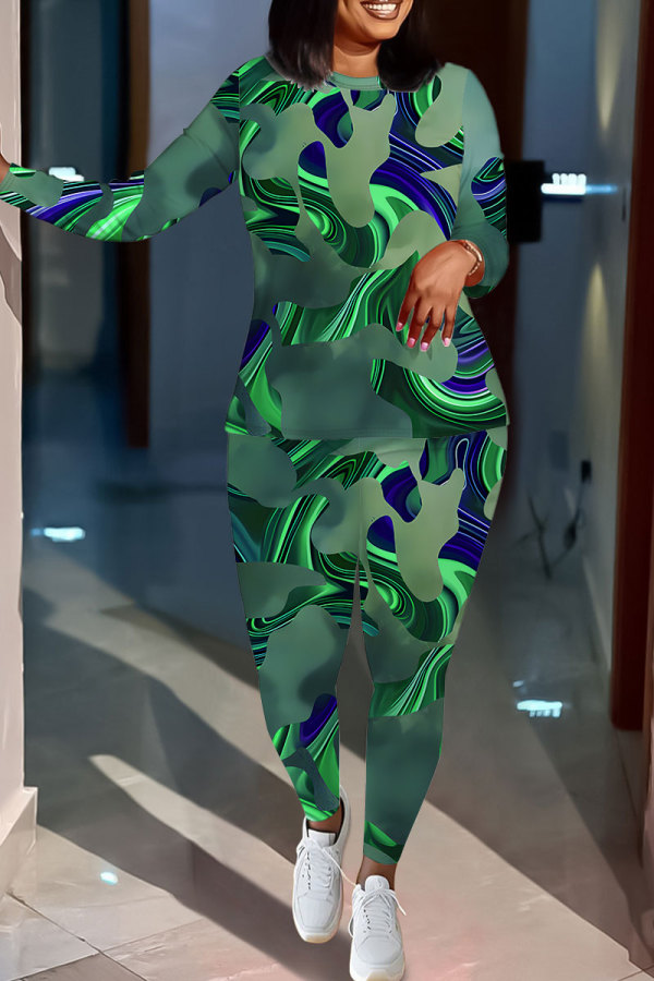 Turquoise Casual Geometric Print Gradient Contrast O Neck Long Sleeve Two Pieces
