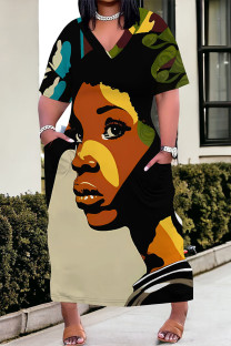 khaki Green Casual Print portrait Pocket Contrast V Neck Printed Plus Size Dresses