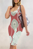Yellow Sexy National Totem Flowers Print Contrast U Neck Printed Dresses