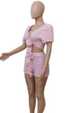 Pink Casual Solid Color Patchwork Strap Design V Neck Short Sleeve Two Pieces