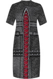 Blue Street Faux Denim Print Pocket Contrast V Neck Printed Plus Size Dresses