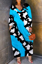 Blue Casual Leopard Print Snakeskin Print Pocket Contrast V Neck Printed Plus Size Dresses