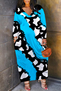Blue Casual Leopard Print Snakeskin Print Pocket Contrast V Neck Printed Plus Size Dresses
