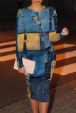 Dark Blue Casual Faux Denim Print Contrast O Neck Printed Dresses