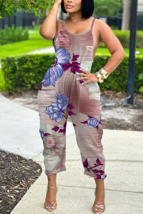 Rose Casual Floral Print Pocket Contrast U Neck Loose Jumpsuits