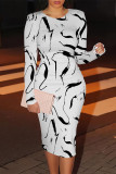 Blue Casual Geometric Print Contrast O Neck Printed Dresses