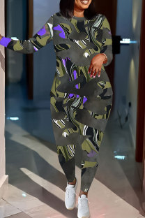 Gray Purple Casual Geometric Print Gradient Contrast O Neck Long Sleeve Two Pieces