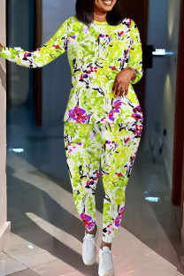 Grass Green Casual Floral Print Contrast O Neck Long Sleeve Two Pieces