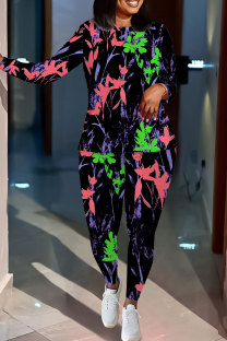 Black Purple Casual Floral Print Contrast O Neck Long Sleeve Two Pieces