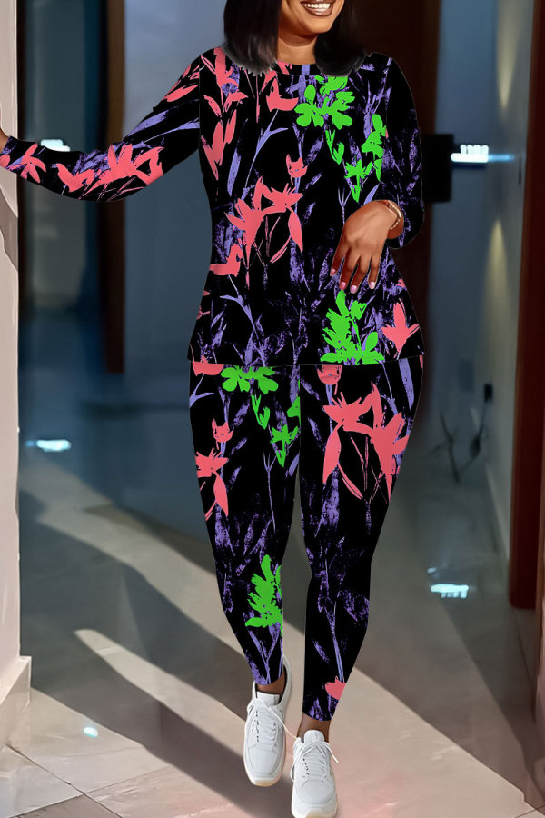Black Purple Casual Floral Print Contrast O Neck Long Sleeve Two Pieces