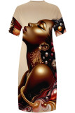 khaki Green Casual Print portrait Pocket Contrast V Neck Printed Plus Size Dresses