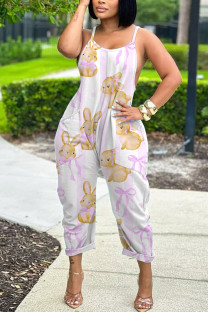 White Purple Casual Cartoon Print Pocket Contrast U Neck Loose Jumpsuits