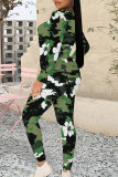 Gray Blue Casual Geometric Print Gradient Contrast O Neck Long Sleeve Two Pieces