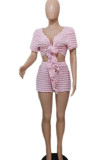 Pink Casual Solid Color Patchwork Strap Design V Neck Short Sleeve Two Pieces