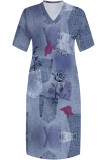 Blue Street Faux Denim Print Pocket Contrast V Neck Printed Plus Size Dresses