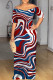 Red Blue Sexy Geometric Print Contrast V Neck Printed Dresses