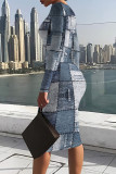 Dark Blue Casual Faux Denim Print Contrast O Neck Printed Dresses