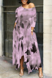 Fuchsia Casual Floral Print Pocket Irregular O Neck Irregular Dresses