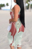 Yellow Sexy National Totem Flowers Print Contrast U Neck Printed Dresses