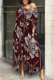Fuchsia Casual Floral Print Pocket Irregular O Neck Irregular Dresses