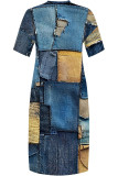 Blue Street Faux Denim Print Pocket Contrast V Neck Printed Plus Size Dresses