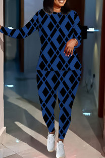 Blue Black Casual Geometric Print Letters Contrast O Neck Long Sleeve Two Pieces