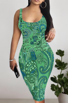 Green Sexy National Totem Flowers Print Contrast U Neck Printed Dresses