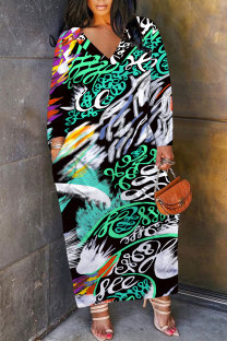 Black Green Casual Graffiti Print Pocket Contrast V Neck Printed Plus Size Dresses