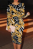 Black Elegant Geometric Print Contrast O Neck Printed Dresses
