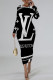 Black Elegant Letter Print Gradient Contrast O Neck Printed Dresses