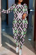 Pink Purple Casual Geometric Print Letters Contrast O Neck Long Sleeve Two Pieces